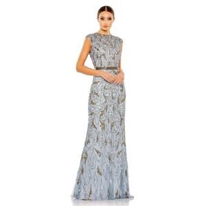 Mac Duggal Sz 10 Embellished Illusion Cap Sleeve Column Gown Platinum Gold 5532